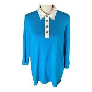 Lauren‎ Ralph Lauren Shirt Womens 2X Turquoise Blue Collard Shirt Gold Button